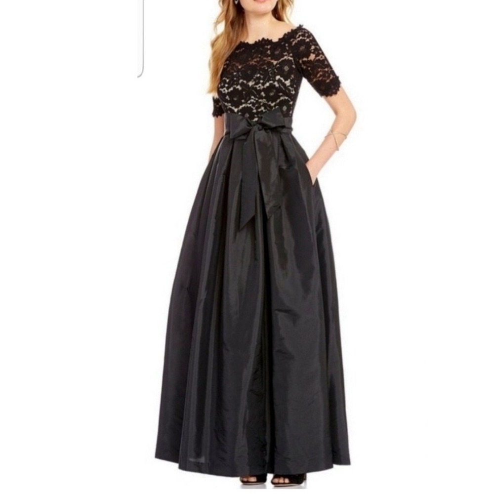 Vince Camuto Off The Shoulder Lace Taffeta Gown Black Sz 6 Formal Evening